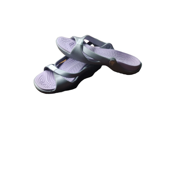 Purple with gray criss cross straps slip on Crocs size 6 - Picture 2 of 3